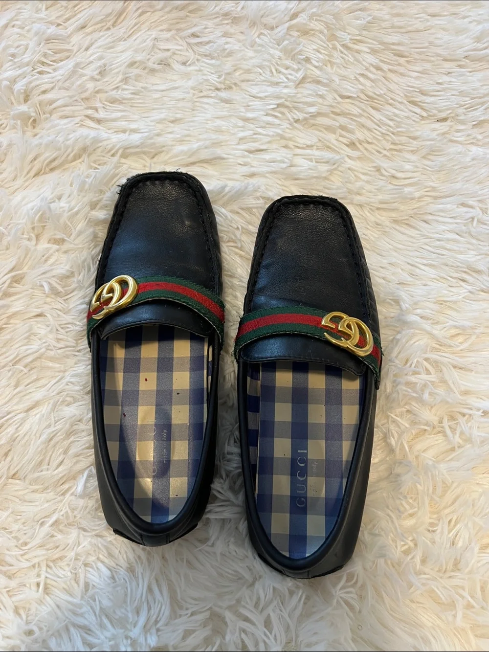 Gucci Black Leather Loafers with Green-Red Web & Gold GG